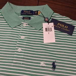 Ralph Lauren Polo Shirt Mens Large L Green/White Striped Stretch Mesh $125 NEW